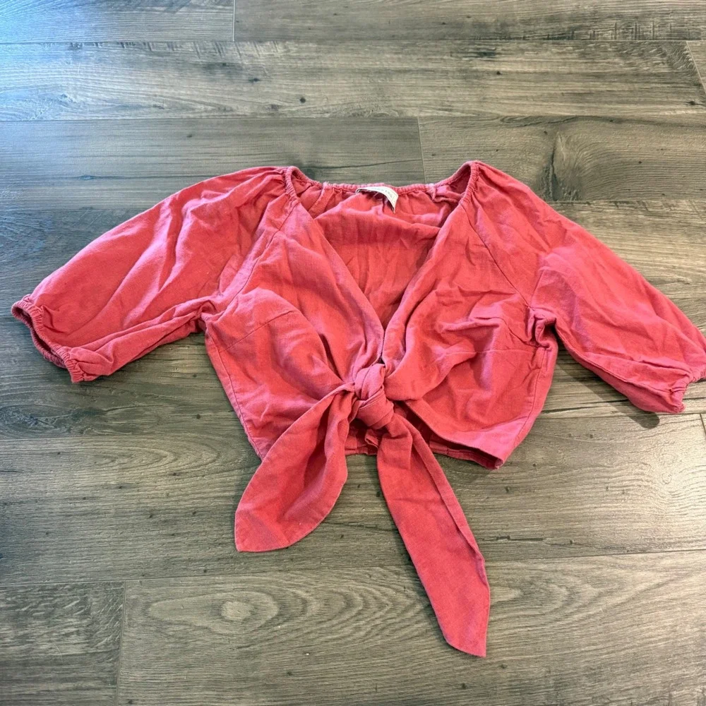 Abercrombie & Fitch Red Pink Tie Front Puff Sleeve Crop Top Blouse Small
